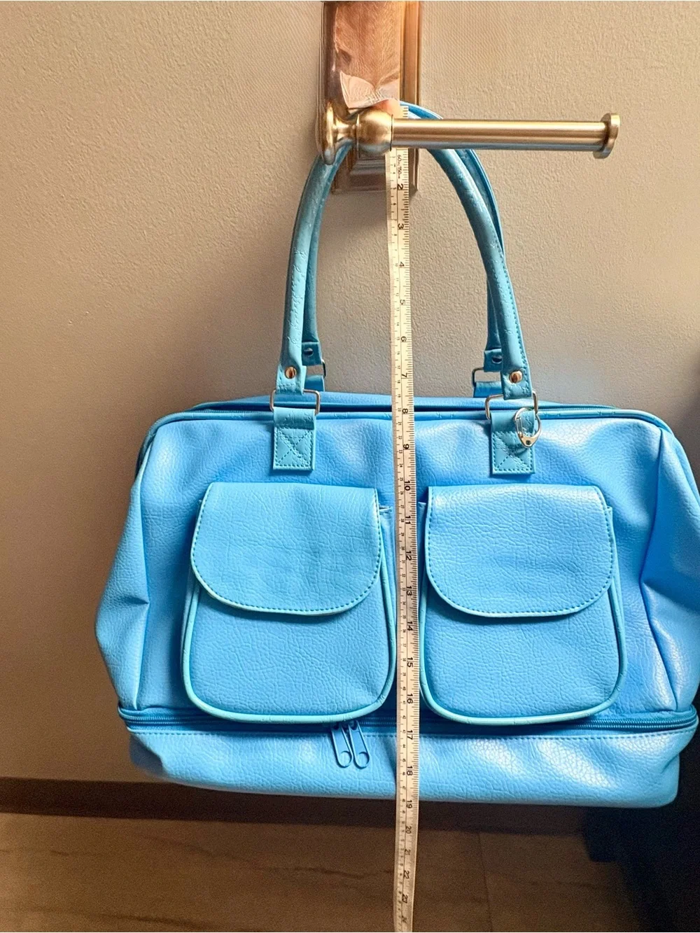 Sky Blue Vegan Leather Multi Pocket Weekender Duffel Tote Bag Bottom Zip. New